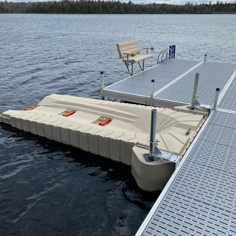 Dock with boat lift and bench.